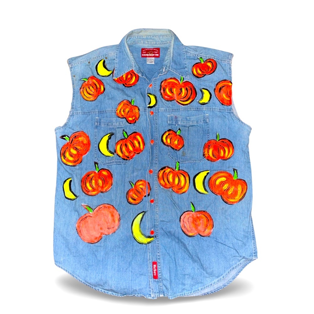 Marlboro Country Store VTG Denim Vest: Homemade Halloween Sponge Paint: XL